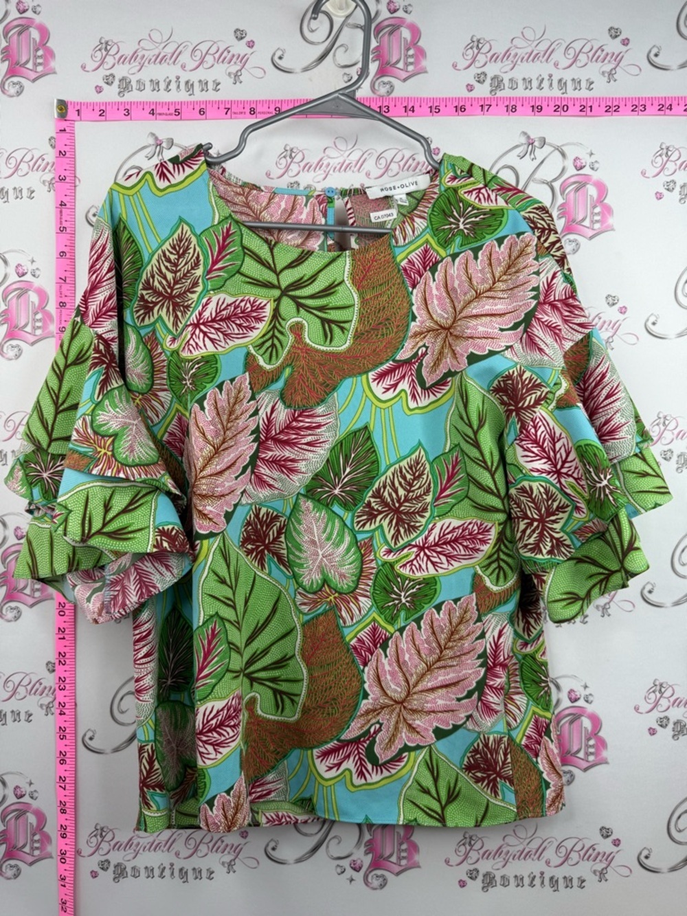 Rose & Olive T-shirt ruffle Tropical Leaf Flutter-Sleeve Blouse Green and Pink